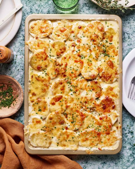 A tray of the sheet pan potatoes au gratin, siting on a countertop Sheet Pan Au Gratin Potatoes, Sheet Pan Potatoes Au Gratin, Sheet Pan Scalloped Potatoes, Sheet Pan Potatoes, Augratin Potatoes, Kalejunkie Recipes, Pan Potatoes, Granola Dessert, Au Gratin Potato Recipes