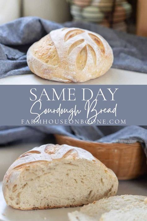 Learn how to make this delicious same day sourdough bread recipe. From feeding the starter to baking fresh bread, all done in one day. With a delightful chewy interior and crusty exterior you've come to expect in a sourdough boule.#farmhouseonboone #samedaysourdoughbread #sourdoughbread Best Sourdough Starter, Same Day Sourdough Bread, Sourdough Boule Recipe, Same Day Sourdough, Best Sourdough Starter Recipe, Easy Sourdough Bread, Homemade Sourdough Bread Recipes, Easy Sourdough Bread Recipe, Recipe Using Sourdough Starter