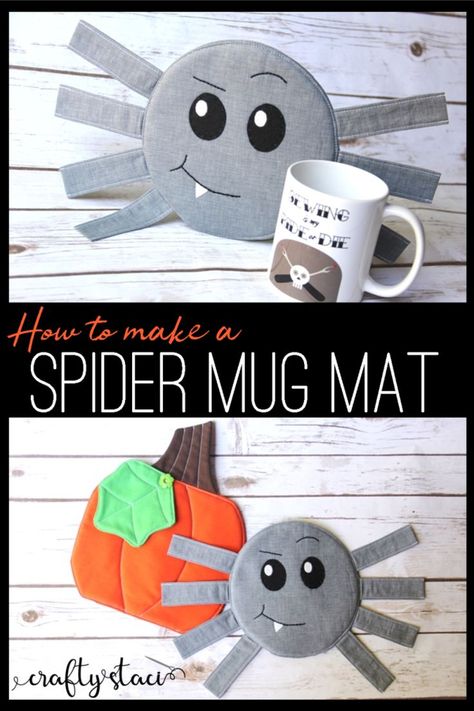 Spider Mug Mat from craftystaci.com #halloweencrafts #halloweensewing #spidercrafts #mugmat #mugrug #halloweendecor Mug Mat, Diy Baby Headbands, Halloween Sewing, Sewing To Sell, Beginner Sewing Projects Easy, Leftover Fabric, Headband Pattern, Quilting For Beginners, Sewing Projects For Beginners