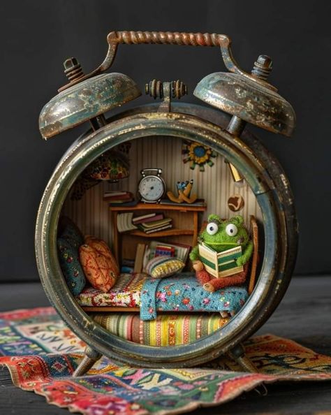 Frog House, Room Box Miniatures, Clock Craft, Old Clock, Wood Houses, Horseshoe Crafts, Shadow Box Art, Miniature Rooms, Miniature Diy