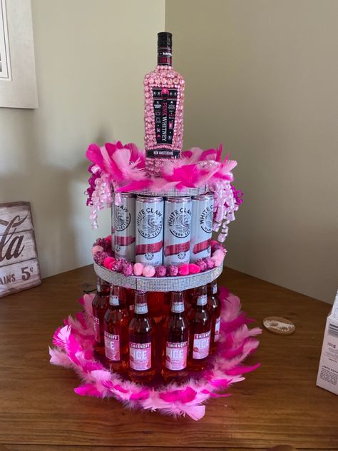 Cute Gifts For 21st Birthday, 21st Baddie Birthday Ideas, Alcohol Bday Gifts, Barbie Birthday Ideas For Women, Barbie Themed 21st Birthday Party, Pink Alcohol Cake, 21st Bday Gifts Best Friends, 21st Alcohol Tower, 21st Summer Birthday Ideas