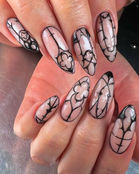 Dylan Pritchard | In My Renaissance Era Mad props to @blushnailartist for inspiring me to recreate this cathedral window look of hers! We played with… | Instagram Asymmetric Nail Designs, Spooky Oval Nails, The Love Witch Nails, Natural Goth Nails, Spooky Nail Designs Almond, Fun Nail Designs Creative Simple, Gothic Rose Nails, Angel Themed Nails, Incredible Nail Art