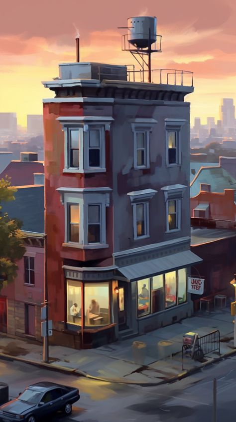 City Building Reference, Drawing Cityscapes, Cityscape Reference, Building Concept Art, Building Digital Art, City Reference, Hopper Art, Architecture Paintings, Bg Design