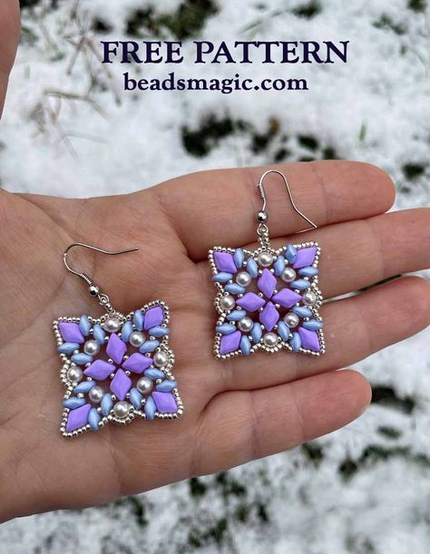 Free bead pattern for earrings Angelina with superduo and gemduo | Beads Magic Super Duo Beads Patterns Free, Bead Patterns Free, Superduo Bracelet Tutorial, Diy Earrings Materials, Seed Bead Patterns Free, Free Beading Tutorials, Beads Magic, Seed Bead Bracelet Patterns, Super Duo Beads