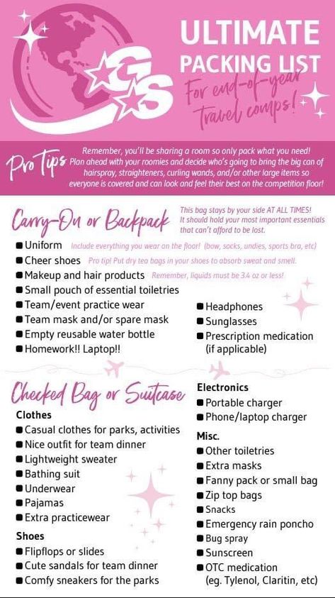 Cheer Travel Kit, What To Put In Your Cheer Bag For Competition, Summit Packing List Cheer, Cheer Competition Bag Checklist, Cheer Packing List Competition, Cheer Comp Checklist, Competition Cheer Bag Essentials, Cheer Competition Checklist, Cheer Travel Checklist