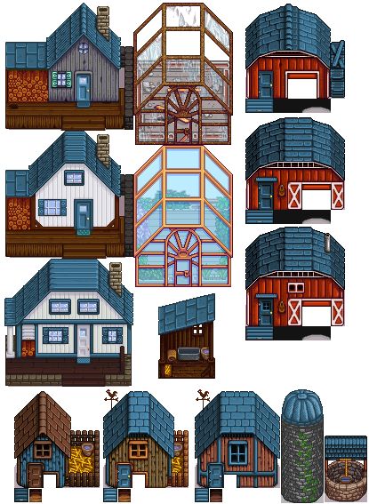 Recolored Buildings - Smaller Silos - Alt Brick House - Rainbow colors at Stardew Valley Nexus - Mods and community Stardew Farms, Painted Shed, Stardew Valley Layout, Stardew Valley Tips, Stardew Valley Farms, Pixel Art Landscape, Farm Layout, Building Painting, Pixel Art Tutorial