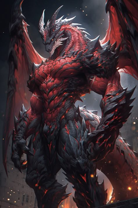 Black And Red Dragon Art, Drake Fantasy Art, Dnd Monster Concept Art, Dragonoid Human Male, Bipedal Dragon, Dragonborn Character Design, Demonic Dragon, Armored Dragon, Tiamat Dragon