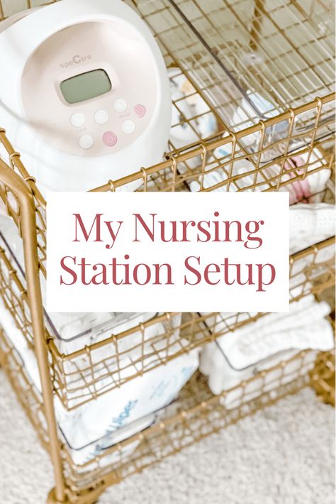 My Nursing Station Setup & Stylish Nursing Cart Roundup Nursing Nook Ideas, Nursing Station Organization, Breast Feeding Station Organization, Nursing Station Ideas, Pumping Station Cart, Breast Feeding Organizing, Pumping Station Organization, Pumping Cart Ideas, Nursing Cart Organization