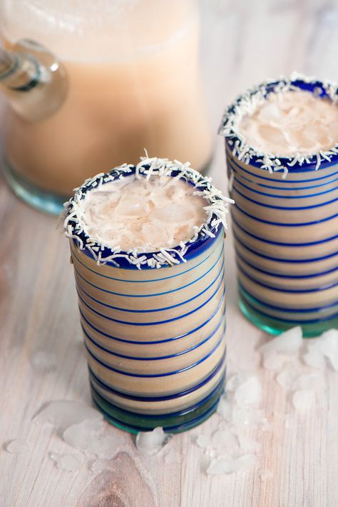 Coconut Horchata Agua Fresca Coconut Horchata, Mexican Horchata, Shower Recipes, Open A Coconut, Horchata Recipe, Kid Friendly Drinks, Spicy Tacos, Orange Drinks, Beverage Recipes