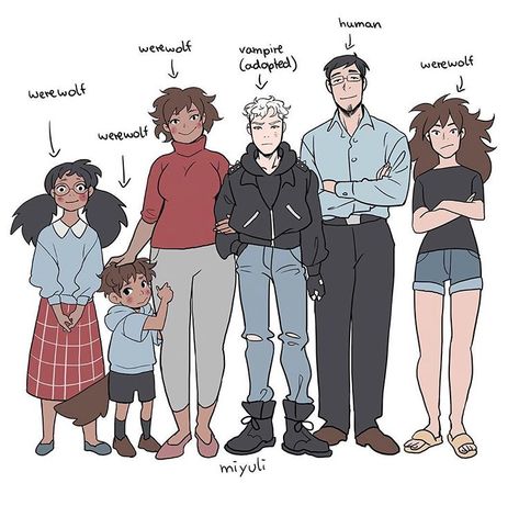 The dad is a baller Family Of 5 Drawing Reference, Werewolf Family Art, Draw Your Ocs Like This 2 People, Werewolf X Human Art, Vampire Family Art, Family Art Reference, Found Family Trope Aesthetic, Family Of 5 Drawing, Werewolf And Human