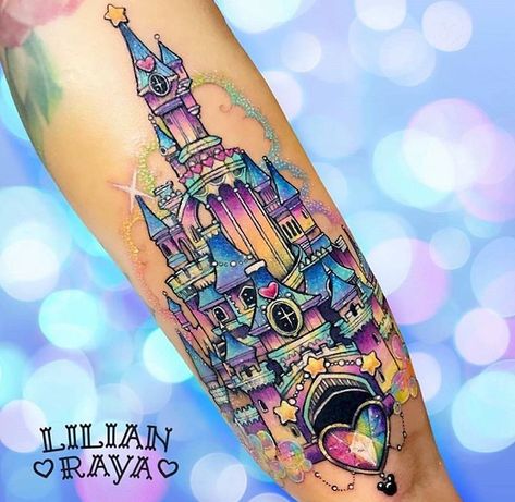 Pastel glitter rainbow disney castle tattoo Disney Castle Tattoo, Disney Sleeve Tattoos, Colorful Tattoo, Castle Tattoo, Disney Sleeve, Kunst Tattoos, Theme Tattoo, Skeleton Hand Tattoo, Kawaii Tattoo