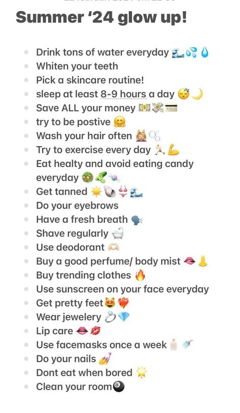 #summer #glowup #check Glow Up Checklist Morning Routine, Glow Up Tips Over Summer, A Glow Up, Things To Do In Summer At Home Alone, How To Get A Glow Up In The Summer, How To Glow Up During Summer Break, Things To Do To Glow Up For Summer, Good Summer Routines, Summer Glow Up For School