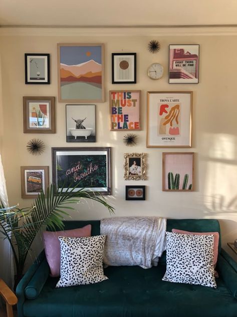 A 425-Square-Foot Apartment Is Full of Renter-Friendly DIY Improvements | Apartment Therapy Gallery Wall Green Couch, Gallery Wall Above Sofa Layout, Renter Friendly Photo Wall, Gallery Wall Sofa, Gallery Wall Above Sofa, Gallery Wall Above Couch, Velvet Green Couch, Uni Room Ideas Uk, Uni Room Ideas