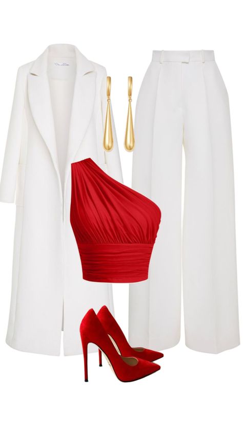 Red fancy top. Going out outfit. Red heels. Pointy toe. White blazer pants. White pants. White long coat. Fancy coat. Elegant. Long gold earrings. Golden earrings. Christmas. Outfit idea. Ootd. Festive. Dinner outfit. Cute. Elegant. Woman. Female. Inspiring. Cool. Amazing. Elegant woman Christmas Dinner Outfit Classy, Christmas Dinner Outfits, Red Blazer Outfit, Fancy Coat, Christmas Outfit Ideas For Women Classy, Dinner Outfit Classy, Christmas Dinner Outfit, Pant Outfits For Women, White Blazer Outfits