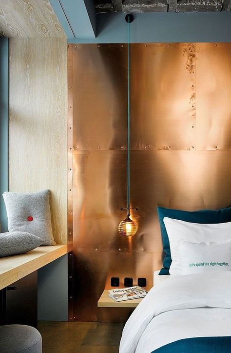 Creative Headboard Ideas & Inspiration from Hotels | Apartment Therapy Creative Headboard, Copper Wallpaper, Berlin Hotel, Copper Decor, Hotel Apartment, Copper Wall, Design Del Prodotto, Design Industrial, Hotel Decor