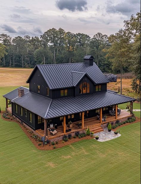 Dark Modern Farmhouse Exterior, Elevated Cabin, Tin Roof House, Large Porch, Black Barndominium, Ranch House Exterior, Ranch House Decor, Barn House Design, Barn Style House Plans