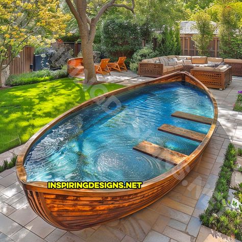 These Canoe Pools Will Transform Your Backyard into a Nautical Paradise Boat Pond, Boat Pool, Wooden Canoe, Travel Finds, Diy Pool, Pond Design, Backyard Diy Projects, Wooden Decks, Plunge Pool