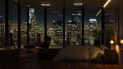 City View Bedroom Aesthetic, City View Apartment Bedroom, City Bedroom Aesthetic Night, New York Bedroom View, Penthouse View Aesthetic, City Apartment Aesthetic Night, Nyc Penthouse Bedroom, New York Bedroom Aesthetic, Bedroom With City View