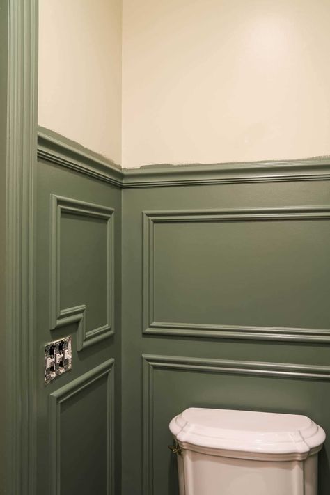 Frame Moulding On Walls, Picture Frame Moulding On Walls, Moulding On Walls, Chair Rail Paint Ideas, Small Powder Bathroom, Green Powder Room, Small Powder Bathroom Ideas, Powder Bathroom Ideas, Chair Rail Moulding