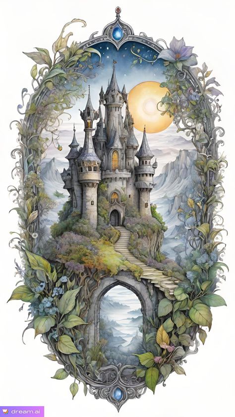 Fairytale Art Drawing, Fairy Castle Illustration, Fairytale Castle Art, Fairytale Art Illustration, Gravity Art, Fairy Tales Artwork, Castle Illustration, Castle Drawing, Mughal Art Paintings