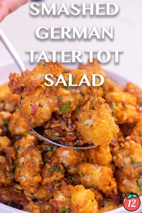 Warm Smashed Tater Tot Salad | 12 Tomatoes Tater Tot Salad, Tater Tot Potato Salad, Tater Tot Side Dish, Tator Tots Recipes Side Dishes, Warm Side Dishes, Smashed Tater Tots, Tater Tot Appetizers, German Dishes, 12 Tomatoes Recipes