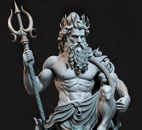 Greek God Poseidon Art 4k - Etsy Australia Posiden Art Greek Mythology, Poseidon Statue Tattoo, Poseidon Statue Sculpture, Posiden Statues, Greek God Poseidon Art, Poseidon Sculpture, Greek God Art, Greek Mythology Poseidon, Greek Statue Art