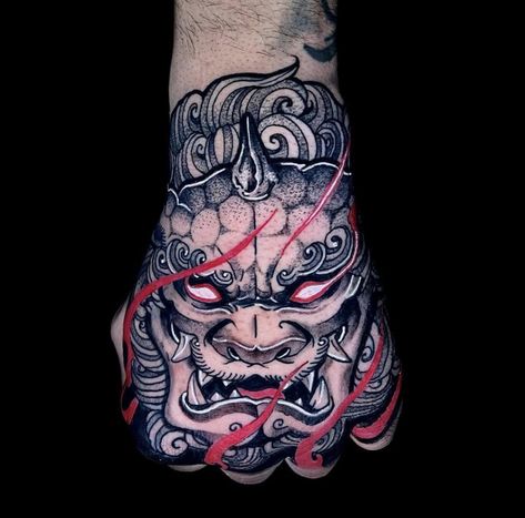 Foodog Hand Tattoo, Oni Mask Hand Tattoo Design, Chinese Hand Tattoo, Oni Hands Tattoo, Dragon Hand Tattoo Men, Hanya Mask Hand Tattoo, Japanese Hand Tattoos For Men, Chinese Hand Tattoos, Japanese Tattoo Hand