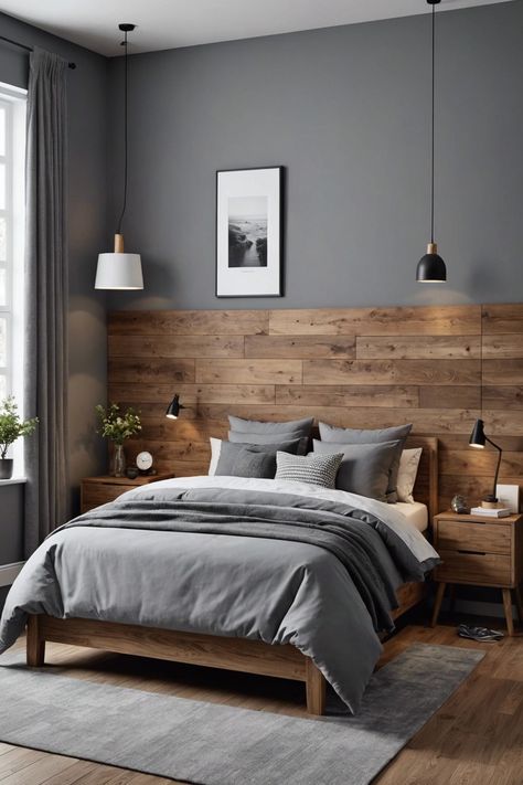 Grey And Oak Bedroom Ideas, Wooden And Grey Bedroom, Grey And Oak Bedroom, Wooden Bedroom Design Modern, Men’s Bedroom Style, Grey Floor Bedroom Ideas, Grey Wood Bedroom, Bedroom Ideas Grey Bed, Manly Bedroom Ideas