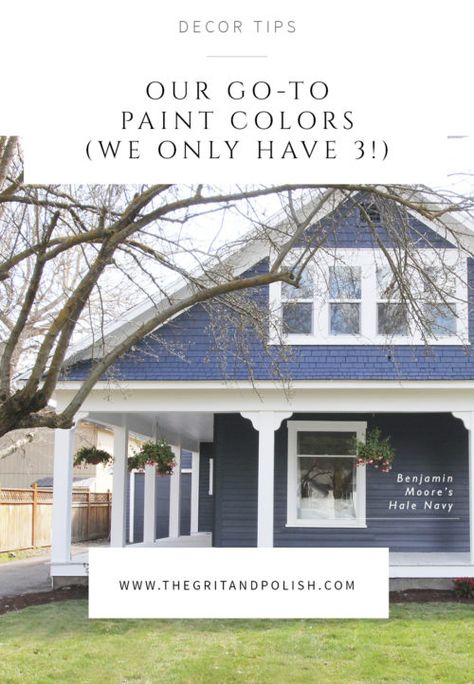 our go-to paint colors: Benjamin Moore Hale Navy // the Porch House navy and white exterior paint // the Grit and Polish Hale Navy Benjamin Moore Exterior House, Navy Hale Benjamin Moore Exterior, Best Navy Exterior Paint Color, Hale Navy Exterior, Hale Navy Exterior House, Exterior Farmhouse Paint Colors Lowe's, Exterior House Colors Hale Navy, Benjamin Moore Van Deusen Blue Exterior, Navy House Exterior