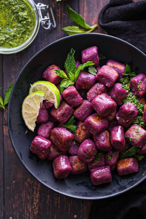 Mint Chutney Recipe, Purple Potato Recipes, Ube Recipes, Mint Chutney, Sweet Potato Gnocchi, Purple Sweet Potato, Potato Gnocchi, Purple Potatoes, Purple Food