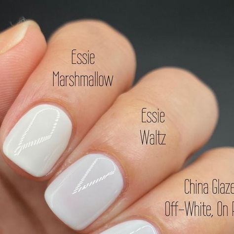 Larissa on Instagram: "The color difference here is not important because there is none. Marshmallow has a veeerrryyyyy slight off-white undertone but you only see it next to other whiter whites. Otherwise you would just think it’s white on your nails. The point here is how these whites build up, so scroll to slide 2 of this post and that’s where the interesting information is. . . . . . . . . . . . . #comparison #comparisonswatchsunday #colors🎨 #colorinspiration #colorcrush #nailpolishlover #nailpolishswatch #nails #nailpolishlovers #nailsdone #nailpolishaddict #nailstoinspire #nailspiration #nailpolishjunkie #diynails #essiewaltz #essiemarshmallow #opifunnybunny #chinaglazeoffwhiteonpoint #whitenails #essie #opi #chinaglaze" Essie Marshmallow Nails, Opi White Colors, Marshmallow White Nails, Marshmallow Nail Polish, Whiter Whites, Essie Marshmallow, White Nail Polish, Color Crush, Interesting Information