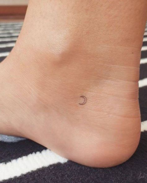 Below Ankle Tattoo, Moon On Ankle Tattoo, Mini Ankle Tattoos For Women, Moon Micro Tattoo, Crescent Moon Tattoo Wrist, Micro Moon Tattoo, Small Inner Ankle Tattoo, Tiny Tattoos Ankle, Moon Tattoo On Ankle