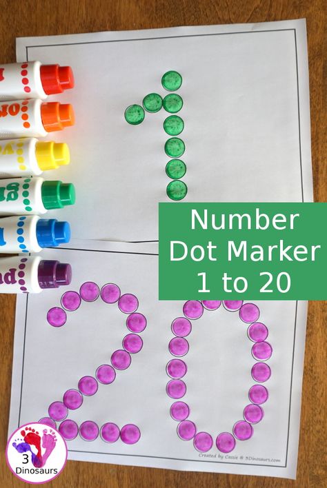 Free Number Dot Marker Printable: 1 to 20 - easy to use printable for kids that like to use dot markers or hands-on items - 3Dinosaurs.com #freeprintable #numbersforkids #dotmarker Dot Numbers Free Printables, Dot Marker Printables, 20 Number, 3 Dinosaurs, Fine Motor Activities For Kids, Toddler Education, Do A Dot, Number Activities, Numbers Preschool