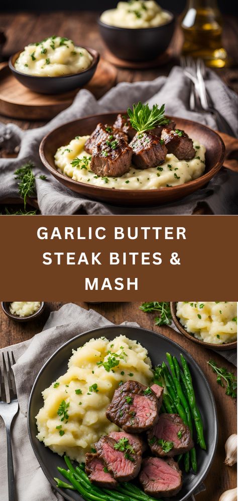 Garlic Butter Steak Bites & Mash combines tender, juicy steak bites in a rich garlic butter sauce with creamy mashed potatoes for a hearty and satisfying meal. Simple yet indulgent, this dish is perfect for any occasion and easy to customize to suit your preferences. Juicy Steak Bites, Garlic Butter Steak Bites, Butter Steak Bites, Butter Steak, Garlic Butter Steak, Steak Butter, Clean Plates, Garlic Butter Sauce, Steak Bites