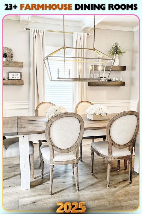 French farmhouse dining room featuring an elegant chandelier, upholstered chairs, and a rustic wooden table, achieving a balance of refined style and cozy charm. Coastal Farmhouse Breakfast Nook, Modern Farmhouse Dining Room Ideas, French Farmhouse Dining Room, Coastal Farmhouse Dining Room, Farmhouse Breakfast Nook, Farmhouse Breakfast, Woven Bar Stools, Farmhouse Dining Room Ideas, Farmhouse Table Setting