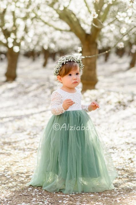 Full Length Tulle Lace Top Scalloped Edges Back Party Flower | Etsy Green Flower Girl Dresses, Sage Green Flowers, Boho Flower Girl, Tulle Flower Girl Dress, Girls Lace Dress, Green Tulle, Boda Mexicana, Lace Flower Girls, Sage Green Wedding