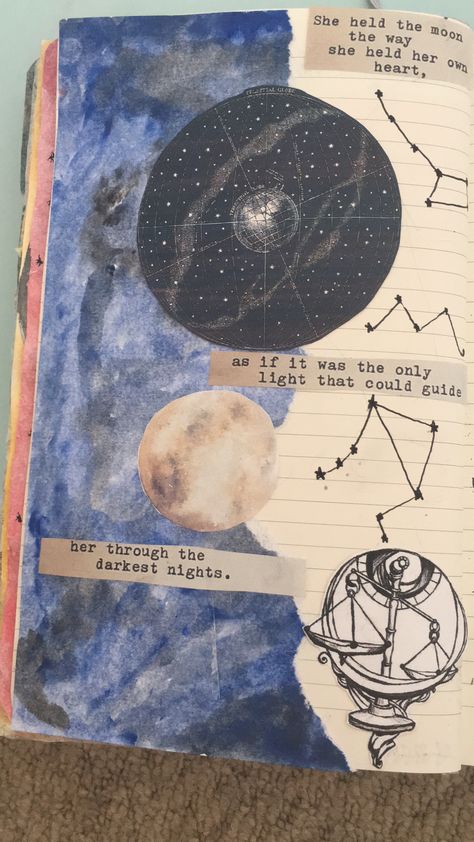 Astrology themed journal art page. Space Theme Journal Page, Space Journal Aesthetic, Astronomy Journal Ideas, Astrology Journal Page, Astronomy Journal, Space Scrapbook, Astrology Notebook, Astrology Journal, Sketchbook Prompts