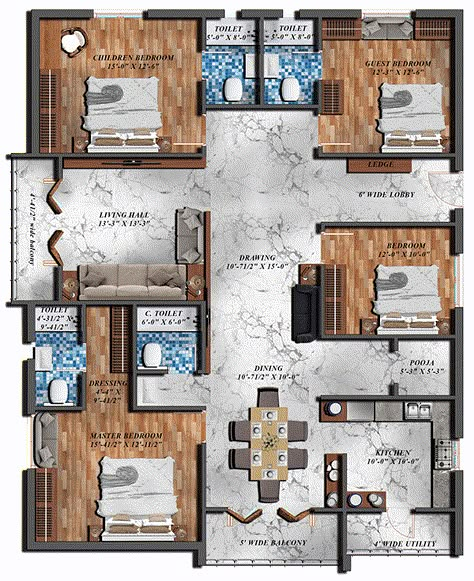 4 BHK Floor Plan on Behance Render Plan, Floor Plan Ideas, Room Cinema, Hospital Office, 4 Bedroom House Designs, F Design, Single Floor House Design, Three Bedroom House Plan, Modern House Floor Plans