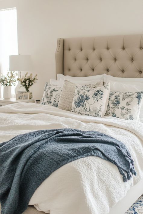 Cozy bedroom with a tufted headboard, floral pillows, and a blue throw blanket. Blue And Yellow Bedding, Layered Bedding Ideas, Light Blue Bedding, Bedroom Bedding Ideas, Beige Headboard, Bedroom Bedding Sets, Cream Bedding, Minimalist Bed, Bedroom Upgrade