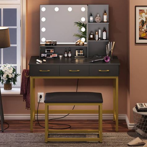 Willa Arlo Interiors Rowan Vanity & Reviews | Wayfair Wood Makeup Vanity, Metal Minimalist, White Makeup Vanity, Makeup Vanity Desk, Desk Stool, Makeup Vanity Set, Bedroom Makeup Vanity, Mirrored Vanity Desk, Make Up Desk Vanity