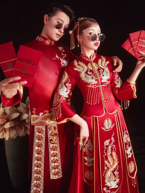 Qipao Men, Formal Wedding Guest Attire, Phoenix Embroidery, Chinese Wedding Dress Traditional, Cheongsam Traditional, Dress Couple, Qi Pao, Formal Wedding Guests, Chinese Wedding Dress