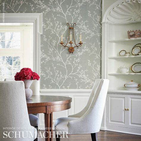 Schumacher - Wallcovering for Every Decor Soft Grey Wallpaper, Sisal Wallpaper, Flowering Branches, Schumacher Wallpaper, Dining Room Wallpaper, Grey Home Decor, Cabinet Decor, Grey Wallpaper, Room Wallpaper