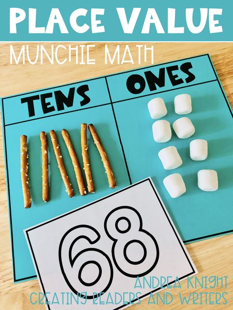 This photo shows an example of Munchie Math for place value where pretzel sticks and mini marshmallows are being used to represent tens and ones. The photo links to a blog post featuring games and activities for teaching place value to first grade children. Place Value Second Grade Activities, Place Value Anchor Chart 2nd Grade Tens And Ones, Teaching Ones And Tens Place Values, Teaching Tens And Ones 1st Grades, Tens And Ones Place Value First Grade, Place Value Lessons 2nd Grade, Place Value Anchor Chart 1st Grade, Hands On Place Value 2nd Grade, Tens And Ones Activities First Grade