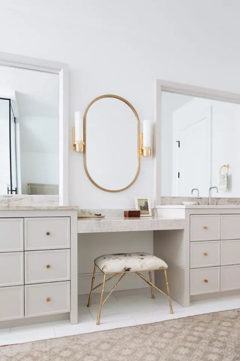 20 Makeup Vanity Ideas That Make Getting Ready Feel Like a Treat Make Up Vanity In Bathroom, Bathroom Sink With Makeup Vanity, Bathroom Makeup Vanity Ideas Master Bath, Bathroom With Vanity Area, Master Bath Vanity Ideas Double Sinks, L Shaped Bathroom Vanity, Vanity With Makeup Area, Bathroom Makeup Vanity Ideas, Makeup Vanity Ideas