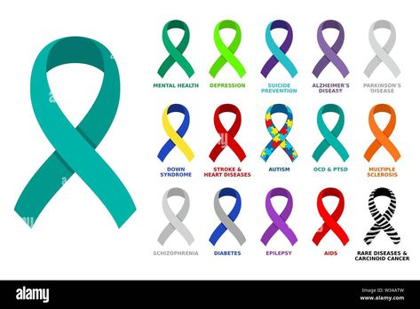 Mental Health Ribbon, What Colors Represent, Ribbon Collection, Meaning Tattoos, Tattoo Wedding, Awareness Ribbons Colors, Awareness Tattoo, Health Heart, Heart Diseases