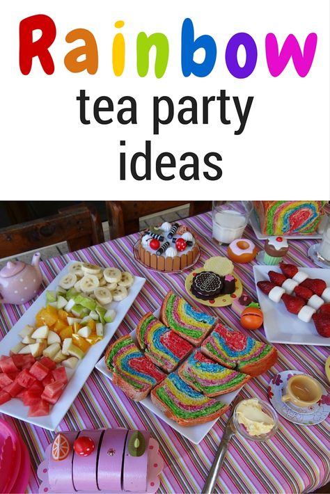 Rainbow Tea Party Ideas Rainbow Tea Party Church Decorations, Kid Tea Party, Rainbow Tea Party, Bread Strawberry, Tea Party Tablescape, Girls Tea Party Birthday, Rainbow Bread, Strawberry Marshmallow, Table Picnic