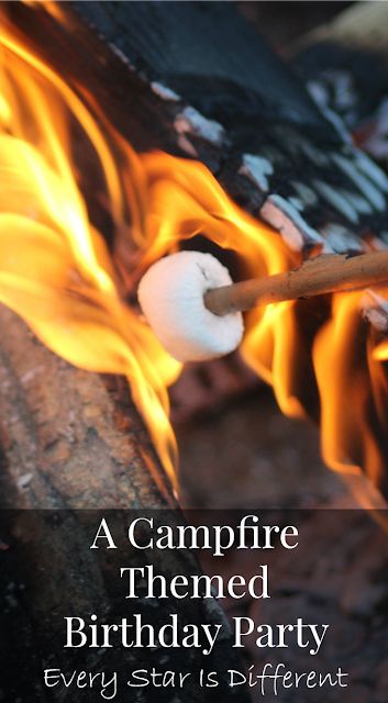 A Campfire Themed Birthday Party Caveman Party, Campfire Birthday Party, Campfire Birthday, Bonfire Birthday Party, Bonfire Birthday, Birthday Themes For Adults, Campfire Party, Fire Pit Party, Bonfire Party