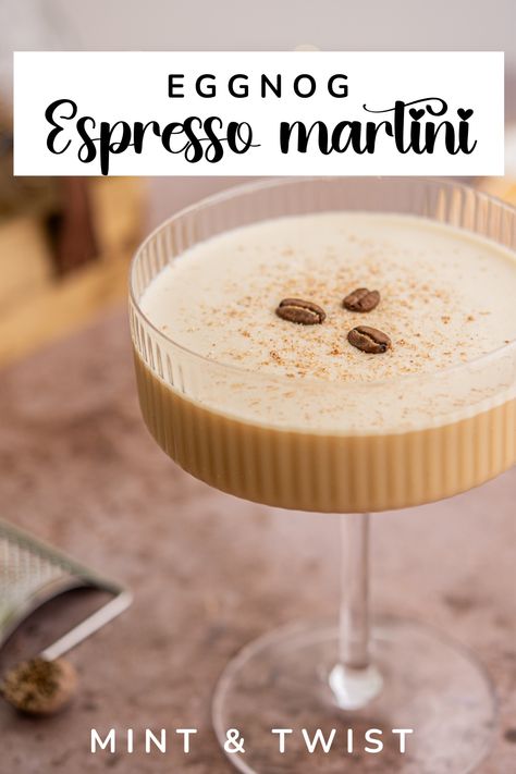 Shake up the holidays with an Eggnog Espresso Martini! This creamy, spiced cocktail combines bold espresso, vodka, and festive eggnog for a luxurious treat. Perfect for holiday parties or a cozy night in! Eggnog Espresso Martini Recipe, Espresso Eggnog Martini, Coquito Espresso Martini, Eggnog Shots Recipe, Christmas Cocktails Eggnog, Holiday Espresso Martini Recipe, Eggnog Martini Recipe Vanilla Vodka, Brunch Shots Alcohol, Festive Espresso Martini