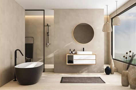 What Accent Colors Should You Use for A Beige Bathroom? - Homenish Beige And Black Bathroom, Beige Marble Bathroom, Beige Bathrooms, Navy Blue Accessories, Space Optimization, Black Tub, Beige Bathroom, Marble Tile Floor, Subtle Luxury