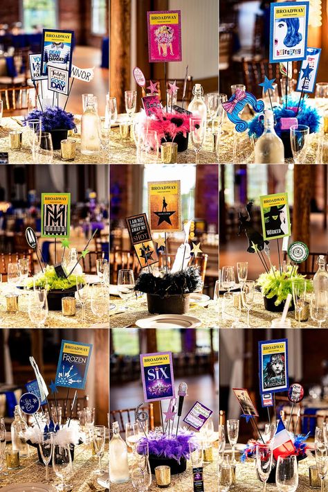 broadway themed bat mitzvah reception at The Cotton Room in Durham, NC Broadway Musicals Party, Broadway Sweet 16, Broadway Themed Room, Tony Awards Party, Broadway Wedding, Bar Mitzvah Decorations, Bat Mitzvah Centerpieces, Broadway Theme, Broadway Party